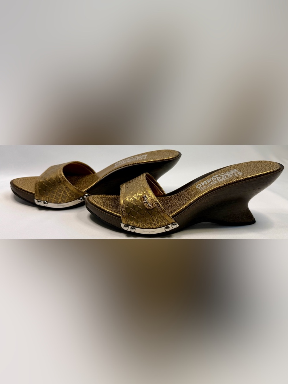 Salvatore Ferragamo Vintage metallic Bronze Leather Wedge Slide Mules w logo 8C - Picture 6 of 15
